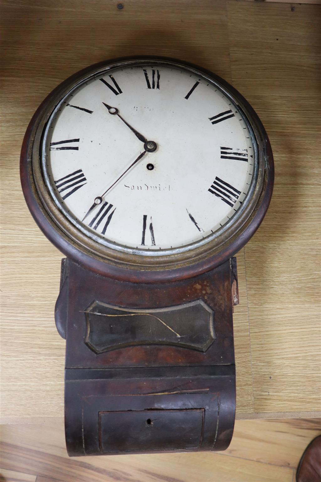 A 19th century mahogany drop dial wall clock, in need of restoration